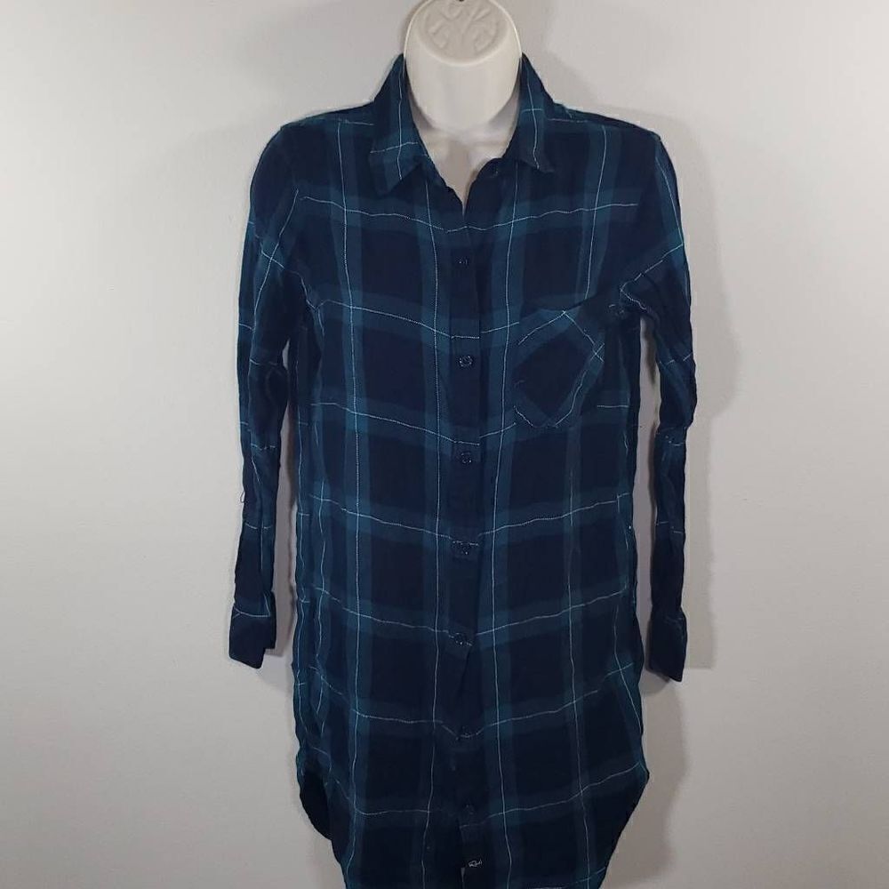 Rails Women Long Sleeve Plaid Collared Oversize Top Midnight Blue XS